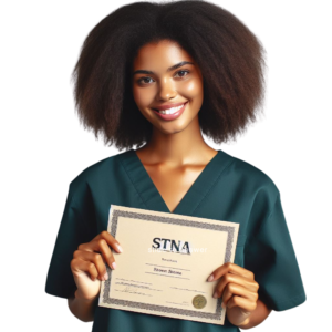 STNA student at Med-Cert in Cleveland Ohio holding a nursing assistant certificate